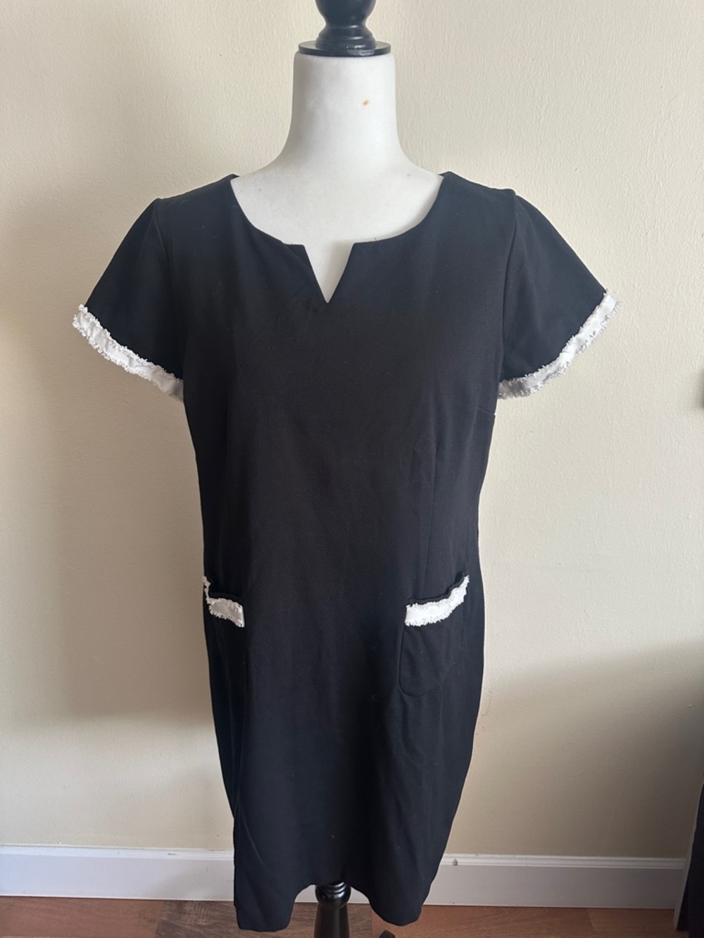 Talbots Black Mini Dress with White Fringe Trim